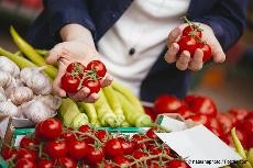 Frau am Gemüsestand hält Tomaten in der Hand.