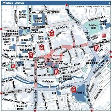 Innenstadtplan auf dem die Standorte der Parkhäuser markiert sind.