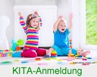 Foto mit zwei spielenden Kindern und Text: Kita-Anmeldung. Link zur Unterseite.