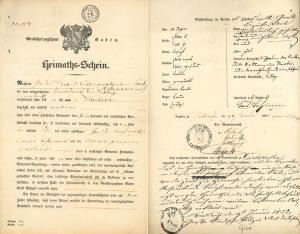 Vorder- und Rückseite des Heimatscheins des Berg- und Hüttenpraktikanten Carl Holzmann aus Karlsruhe.