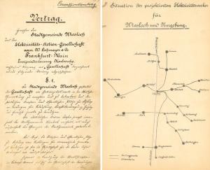 Erste Seite des 1898 zwischen der Stadt Wiesloch und der Elektrizitäts-Actien-Gesellschaft vormals W. Lahmeyer & Co. Frankfurt Main, Zweigniederlassung Karlsruhe geschlossenen Konzessionsvertrags und der im selben Jahr erstellte Entwurf eines Verteilungsplans. 