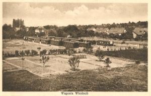 Historische Postkarte mit Ansicht der Eisenbahnwagensiedlung „Waggonia“ aus dem Jahr 1926.