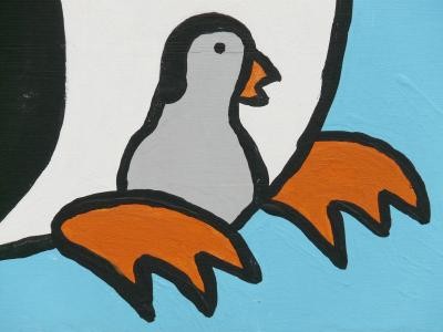 Gemäldeausschnitt: Pinguin mit Pinguin-Baby.