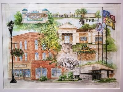 Aquarell-Collage mit Sehenswürdigkeiten von Sturgis.