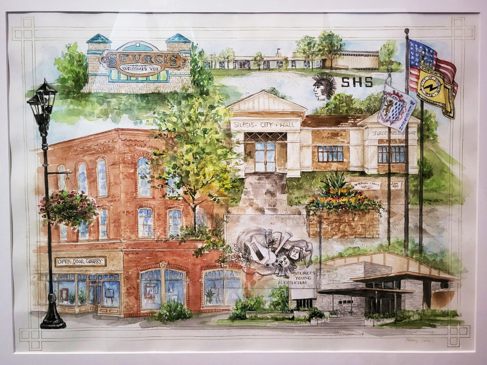 Aquarell-Collage mit Sehenswürdigkeiten von Sturgis.