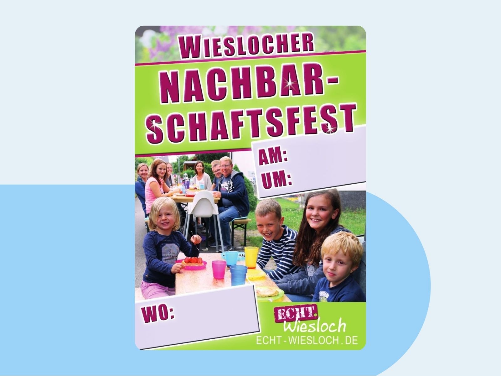 Nachbarschafts-Plakat mit lachenden Menschen zum Selbstausfüllen.