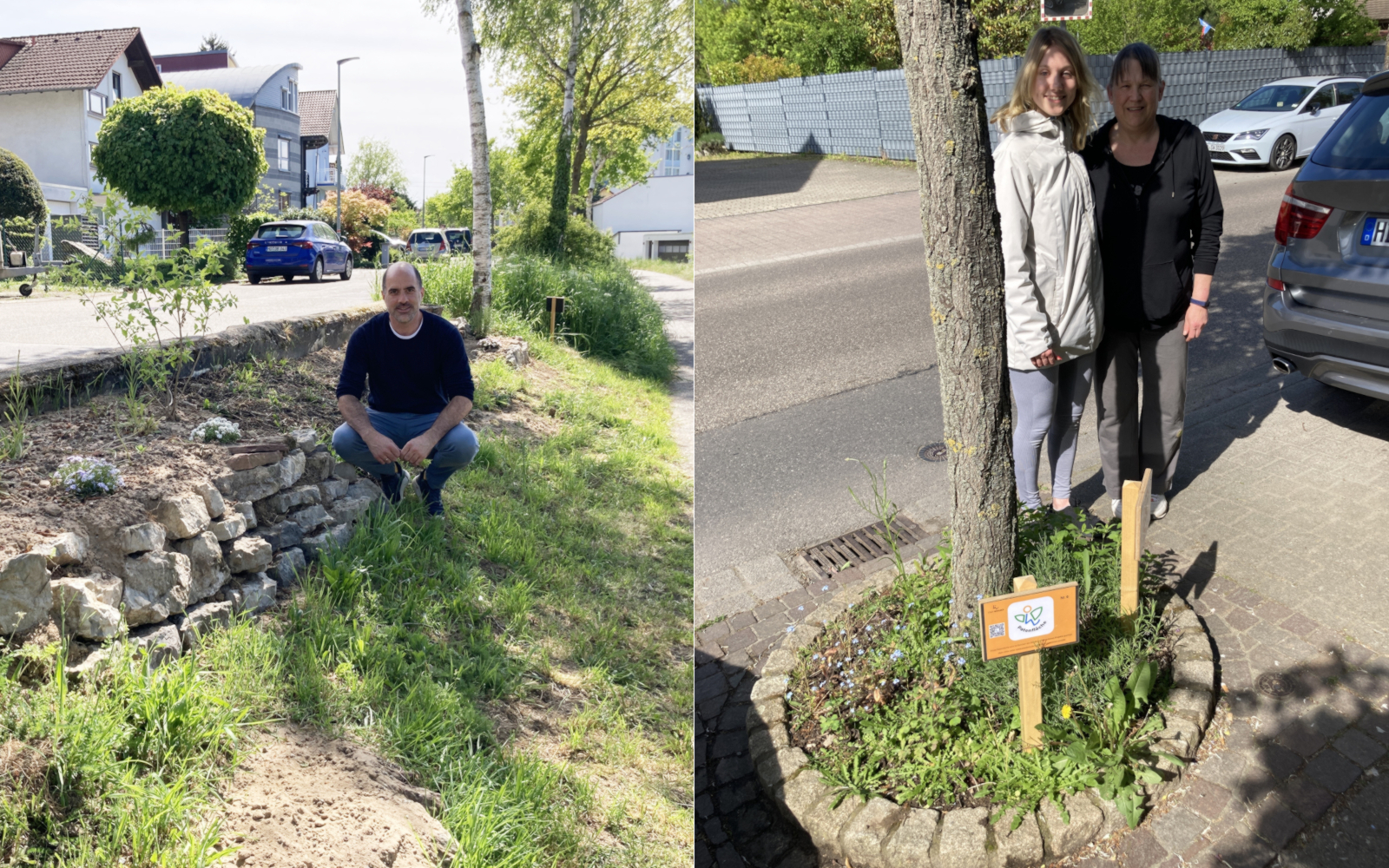 Robert Schweisthal an "seiner" Fläche am Bahnweg, und Jana Krug zusammen mit Christa Jenner in der Gartenstraße.