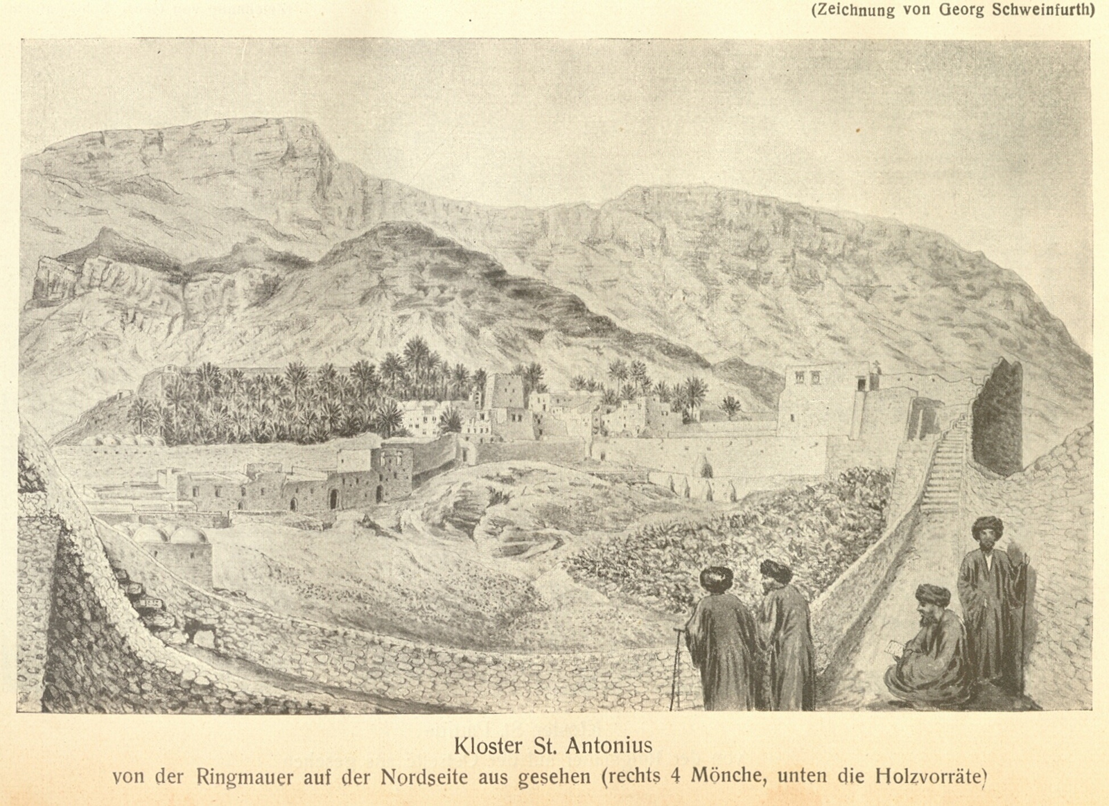 Zeichnung eines Klosters in einer ägyptischesn Oase.