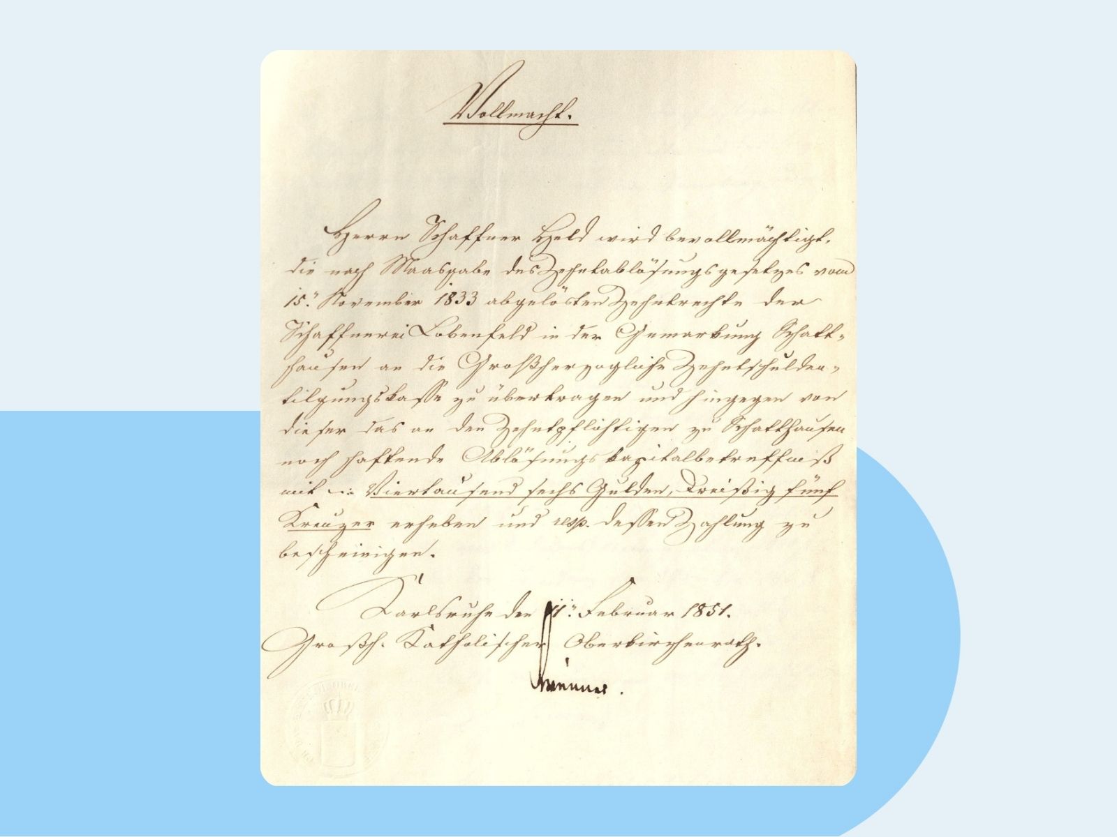 Handschriftliche Vollmacht von 1851 zur Durchführung der Zehntablösung in Schatthausen.