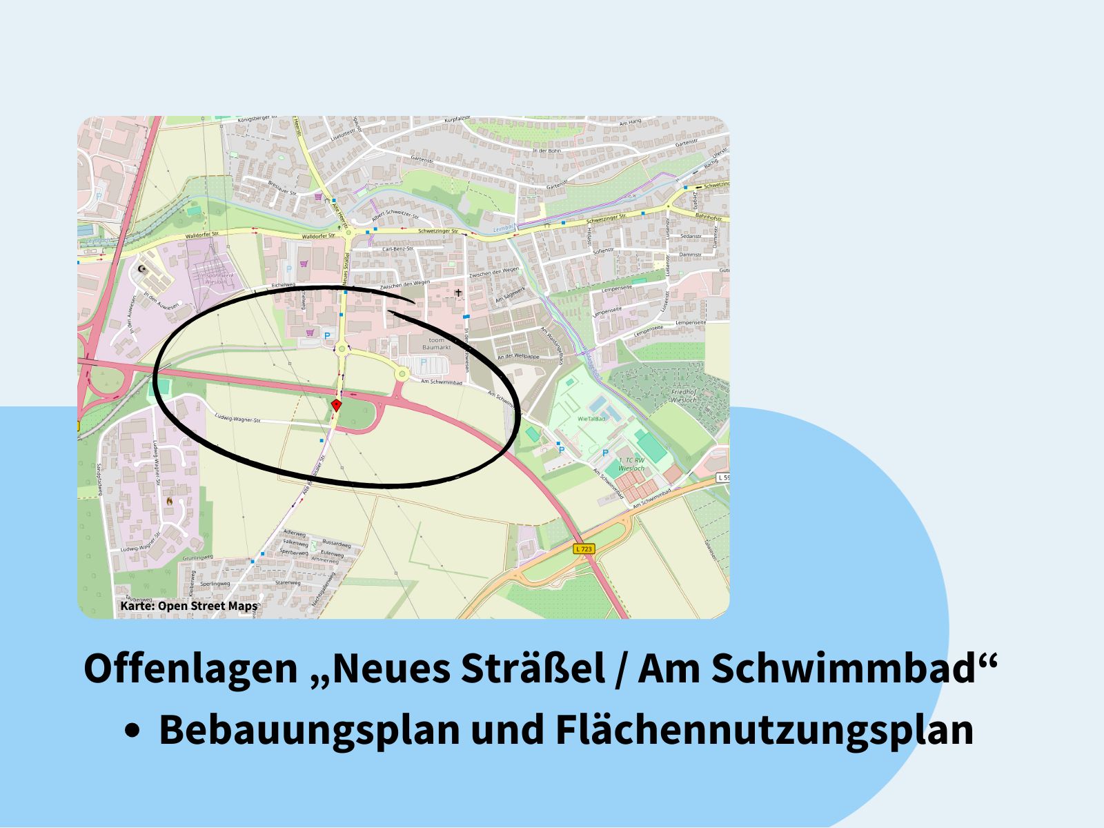Übersichtsplan mit Verortung des Plangebiets, ein Areal südlich von Aldi und Toom gelegen.
