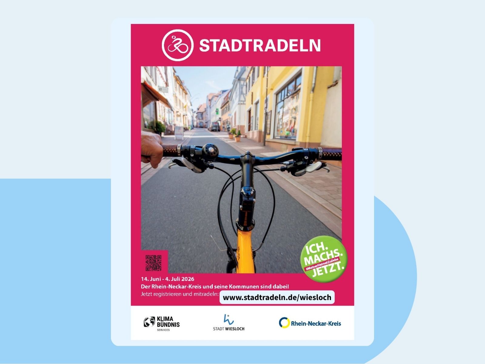 Veranstaltungsplakat zum Stadtradeln mit einem groß abgebildeten Fahrrad-Lenker.