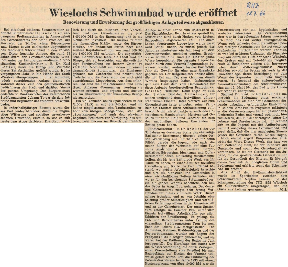 Zeitungsartikel zur Schwimmbaderöffnung 1966