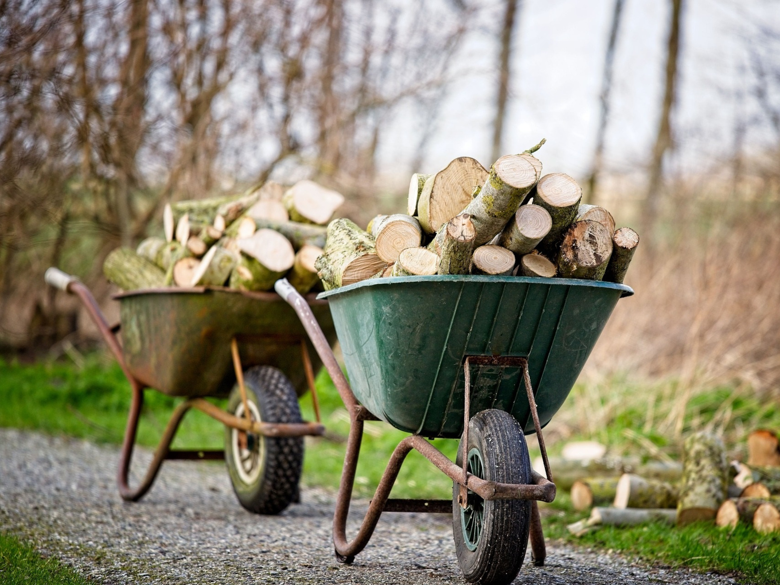 Schubkarren gefüllt mit Holzstücken. Schubkarren gefüllt mit Holzstücken.