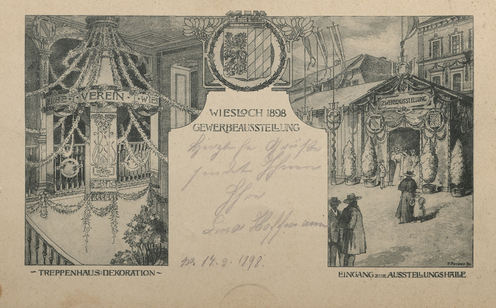 Gezeichnete Postkarte zur Gewerbeausstellung.