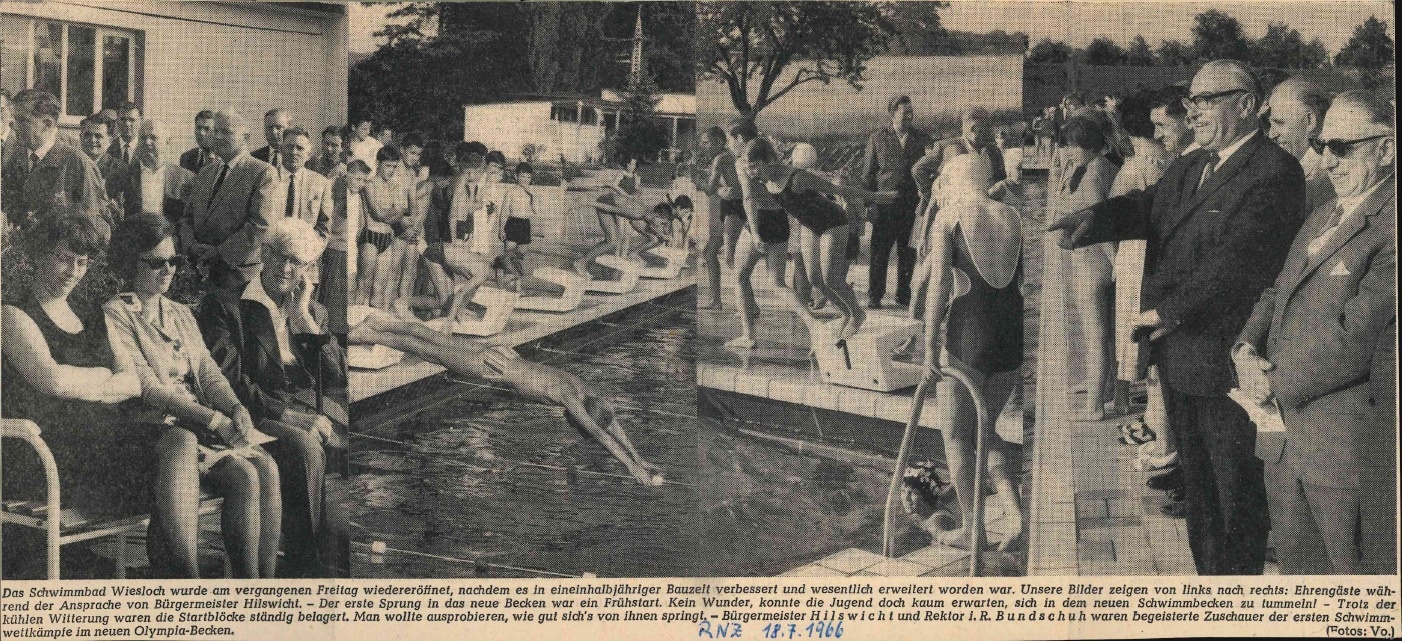 Zeitungsfotos zur Schwimmbaderöffnung, mit vielen Menschen am Beckenrand.