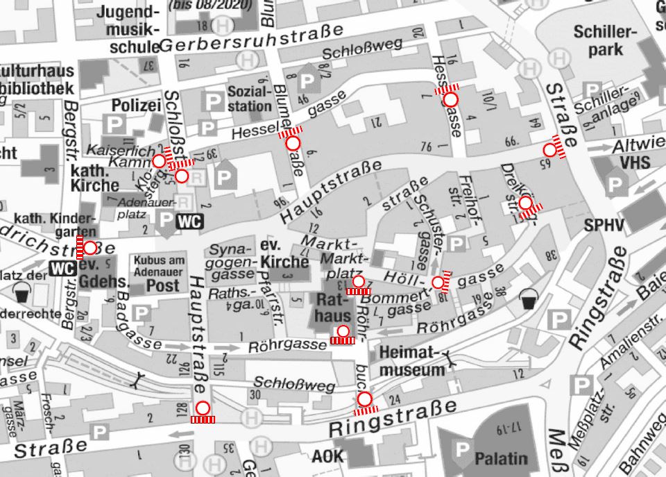 Übersichtsplan der Innenstadt mit eingezeichneten Sperrungen.