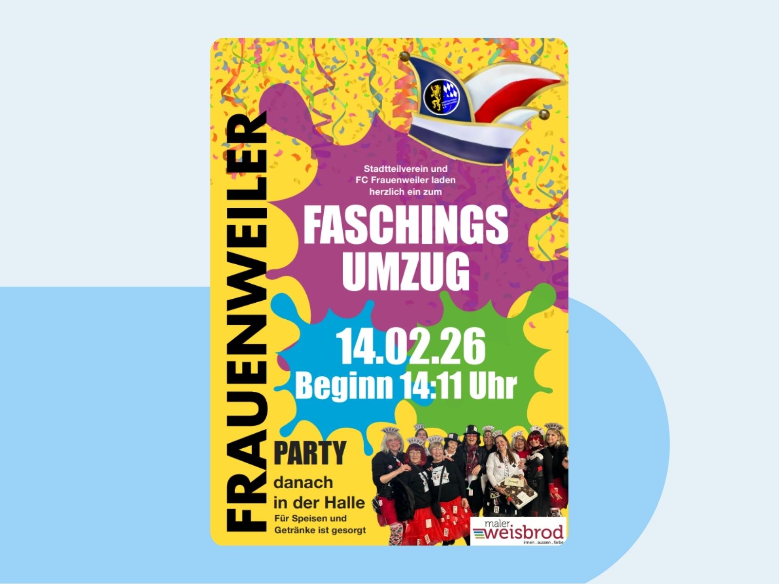 Veranstaltungsplakat zum Faschingsumzug mit anschließender Party.